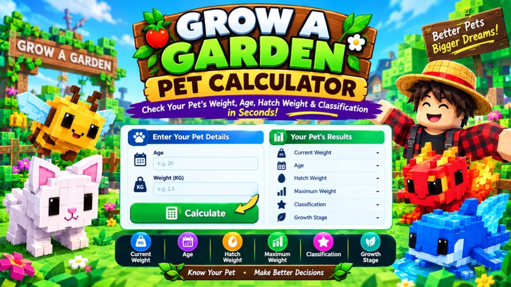 Grow a Garden Calculator for pet weight, age, hatch weight, maximum weight, and classification