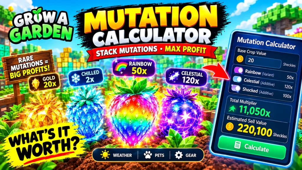 Grow a Garden Mutation List showing crop mutations, multipliers, and estimated values